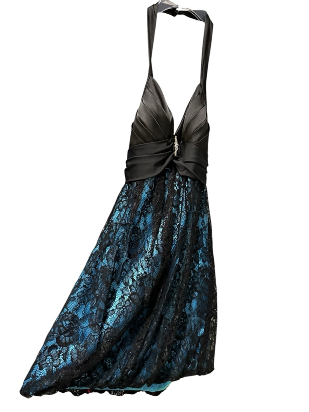 Black Halter Bodice Blue Lace Empire Cocktail Dress